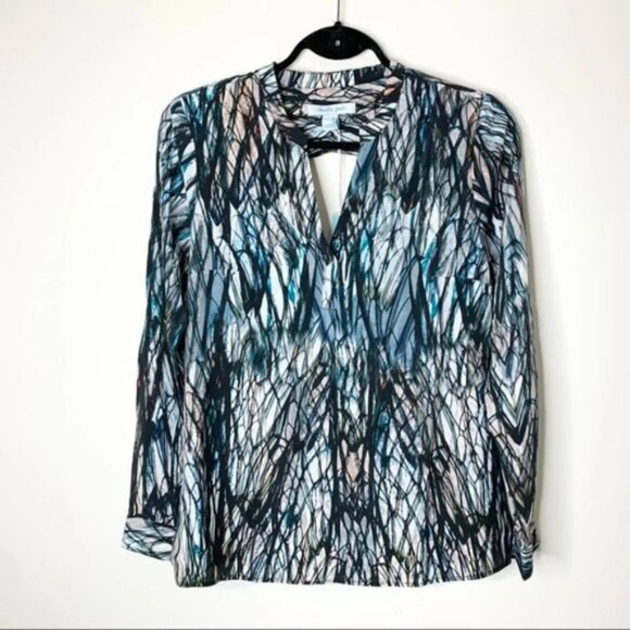 Anthropologie Charlie Jade Blouse Silk Pattern Open Back cut out long sleeve S - Picture 2 of 14